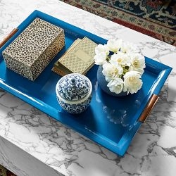 Lacquer Decorative Tray Rectangular Blue Circular Cut-out Handles