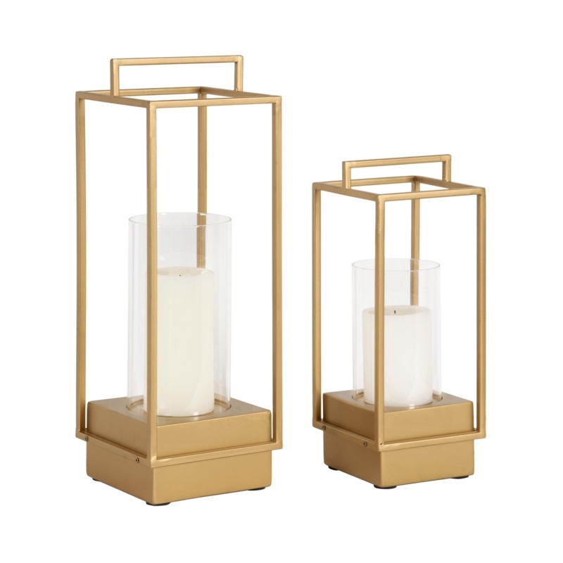 Lantern Candle Holder Duo: Gold Metal Frame & Transitional Wood Base