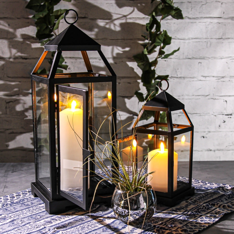 Lantern Contemporary Black Metal Peaked Roof Stone Base Decor