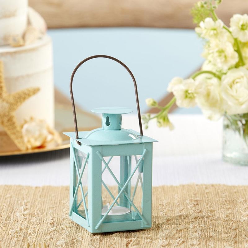 Lantern Distressed Blue Finish Punched Metal Roof Mini Decor