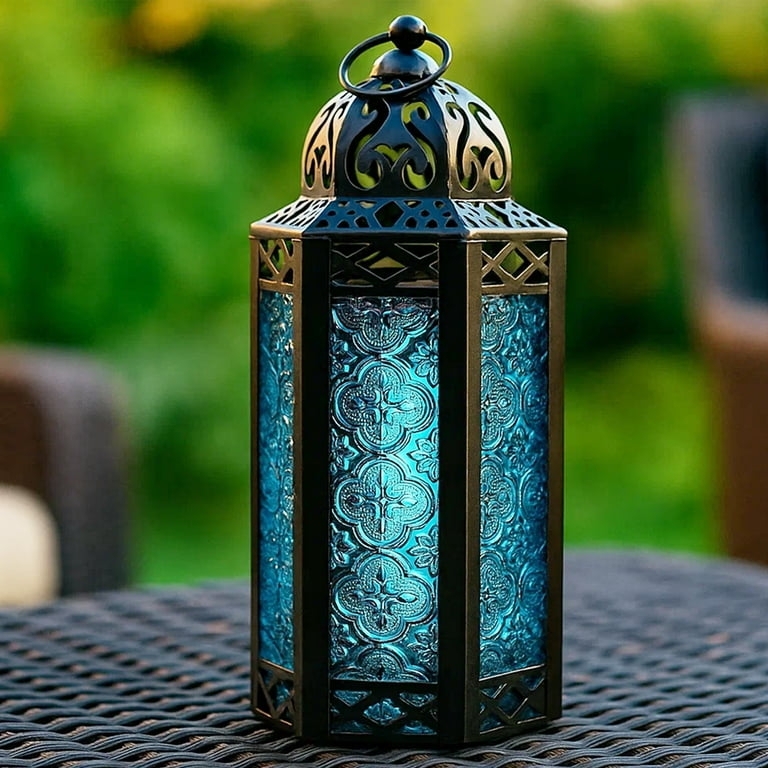 Lantern: Moroccan White Filigree Metal with Cobalt Blue Glass