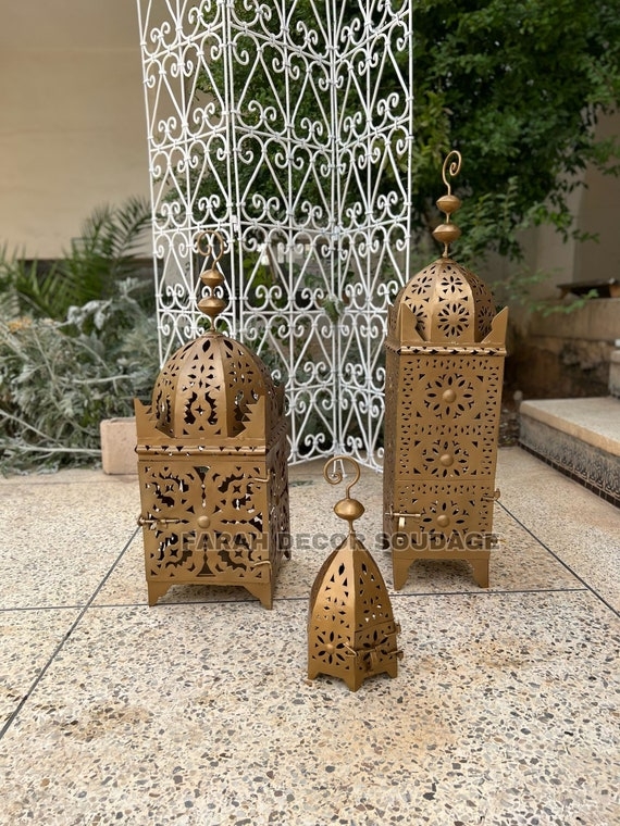 Lantern Pierced Metal Moroccan Silhouette Antique Gold Boho Decor