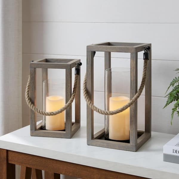Lantern Set Antiqued Gray Finish Rope Handle Wood Decor