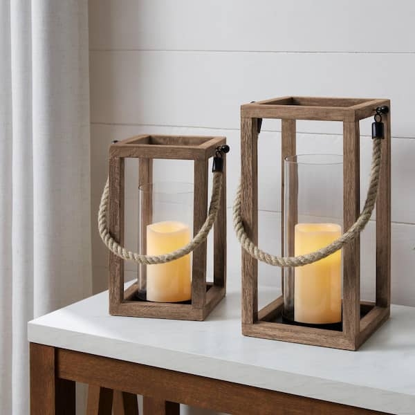 Lantern Set Antiqued Wood Rope Handle Cozy Hearth And Mantel Styling