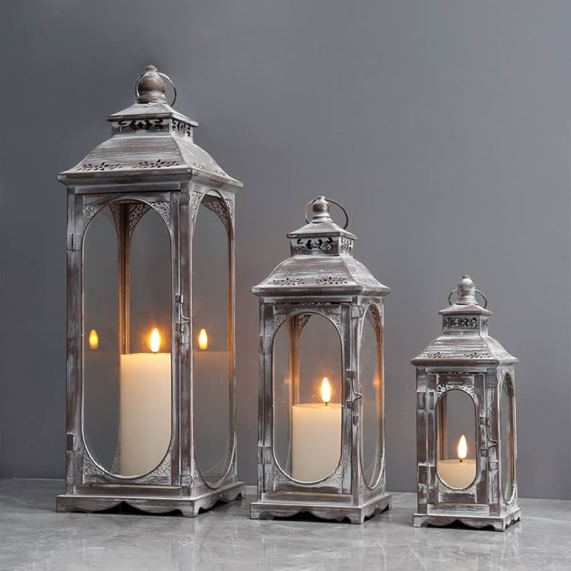 Lantern Set Cement Grey Finish Tiered Vintage Outdoor Grouping