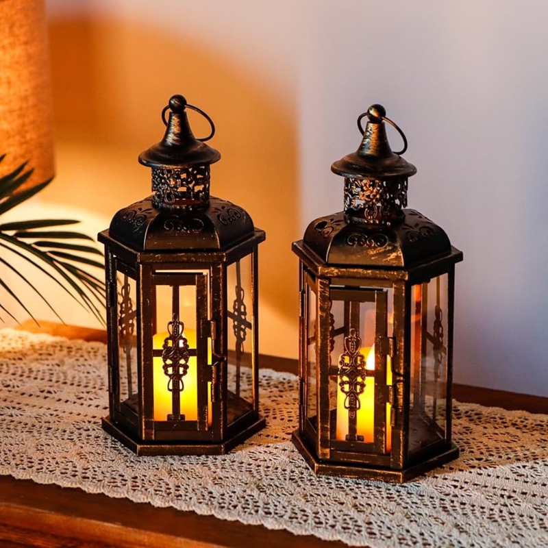 Lantern Set Distressed Black and Gold Finish Vintage Hanging Decor