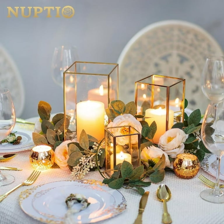 Lantern Set featuring Square Silhouette, Gold Metal Frame, Glass Panels.