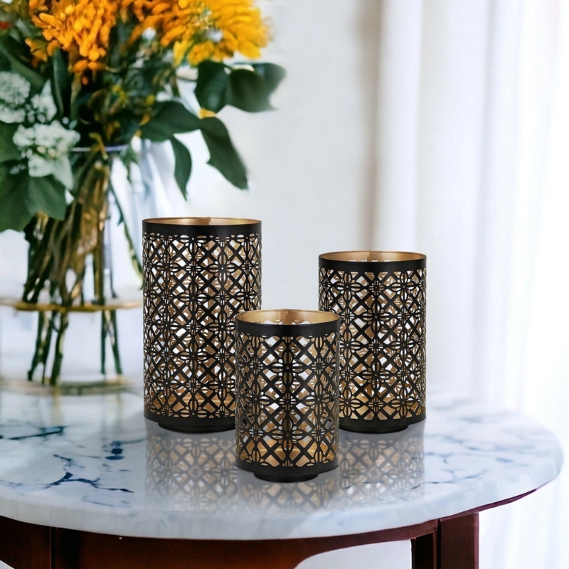 Lantern Set Gold Lattice Insert Moroccan Metal Decor