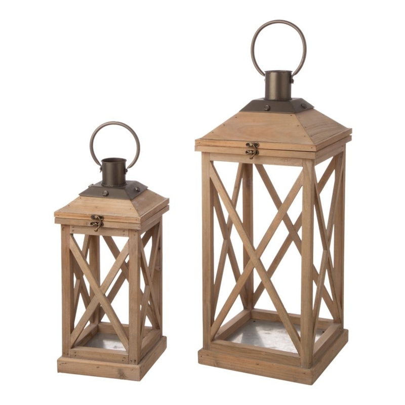 Lantern Set Natural Wood Frame Black Metal Top Farmhouse Decor