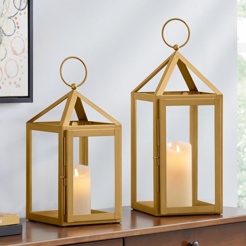Lantern Set Staggered Sizes Polished Gold Finish Gold Metal Lantern Set