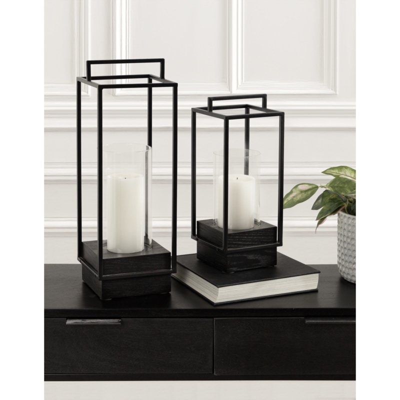 Lantern Set Thick Wood Base Glass Hurricane Mixed Material Mantel Decor