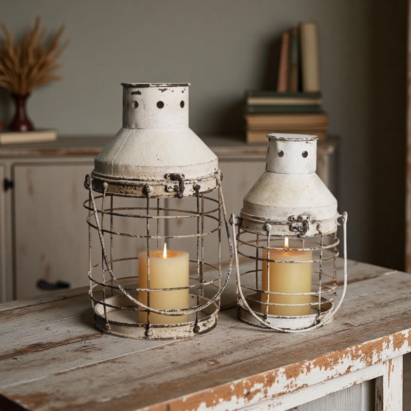 Lantern, Wire Cage Design, Glass Candle Sleeve, Weathered Metal Finish