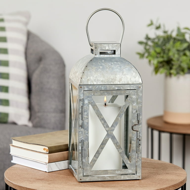 Lantern with Antique Galvanized Finish and Arched Metal Handle