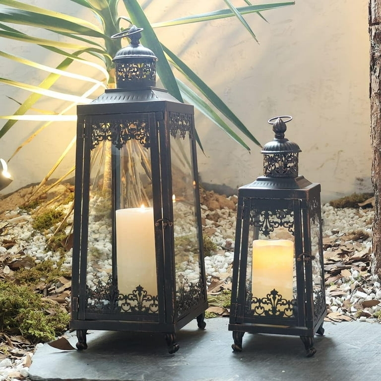 Lanterns: Oversized Black Metal Pair for Modern Farmhouse Patio