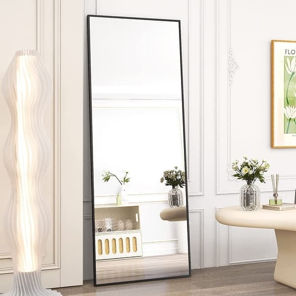 Large Arched Black Floor Mirror, Slim Matte Frame for Minimalist Decor