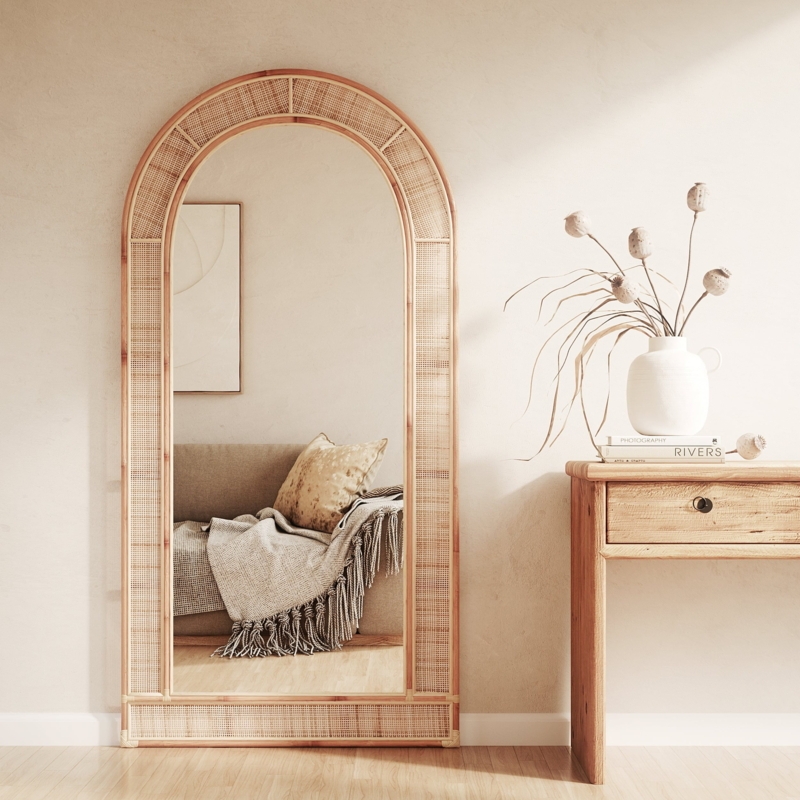 Large Arched Full Length Mirror with Woven Rattan Frame, Boho Decor