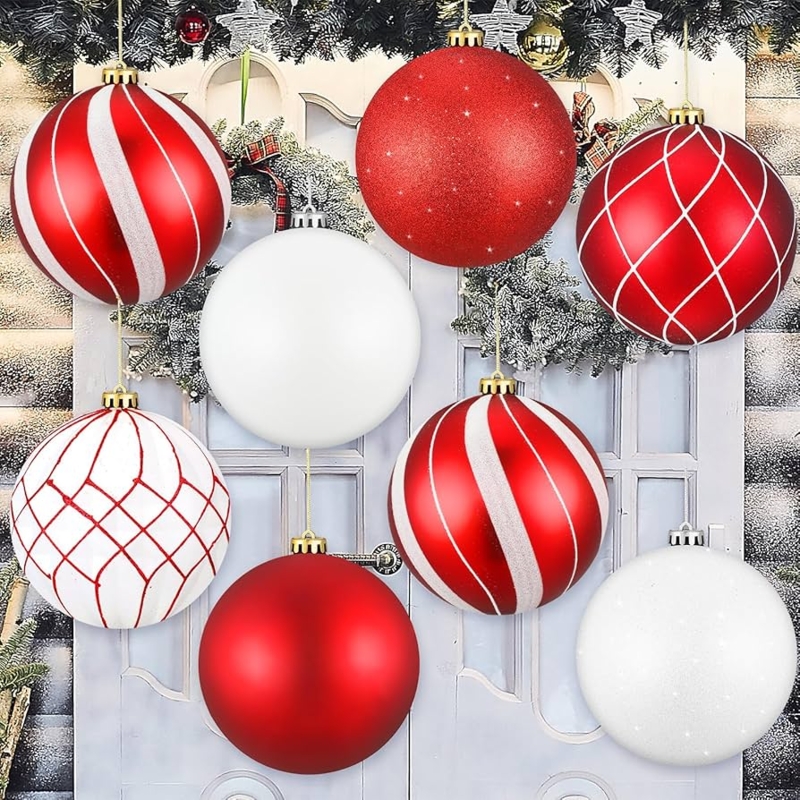 Large Ball Ornaments Set with Red and White Glitter Snowflake Patterns