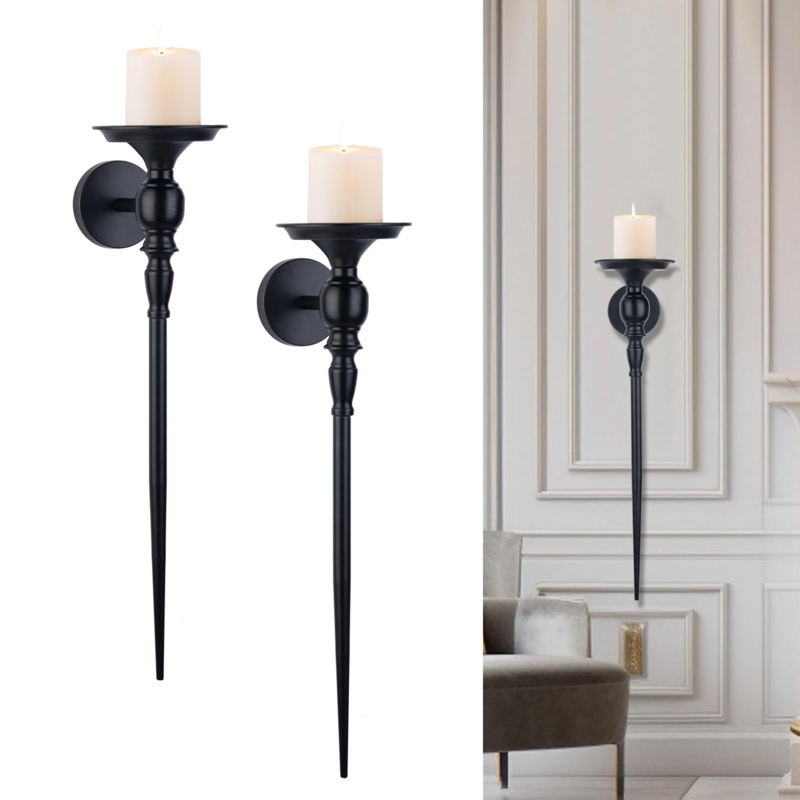 Large Black Wall Sconces, Matte Metal Extra Tall Scepter Silhouette Set