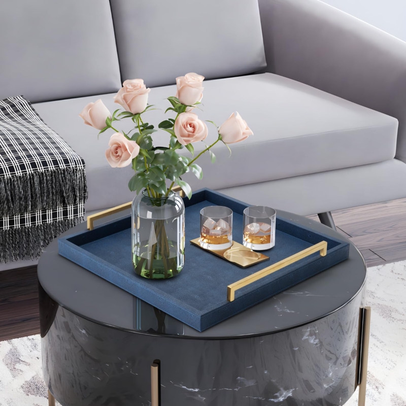 Large Decorative Tray Rectangular Dark Blue Cutout Handles Matte