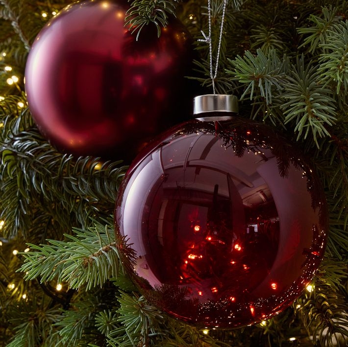 Large Glass Ball Ornaments, Tonal Red Mixed Finish Mercury Glass Set