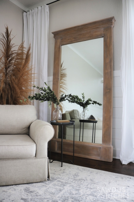 Large Leaning Mirror with Rustic Chunky Wood Frame Detail