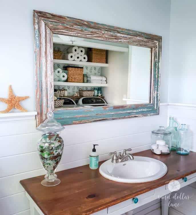 Large Rectangular Wall Mirror with Thick Weathered White Frame
