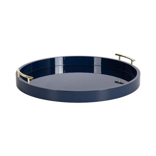 Large Round Decorative Tray Blue Gold Metal Frame Glossy Finish
