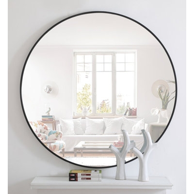Large Round Entryway Mirror with thin brushed gold-toned metal frame