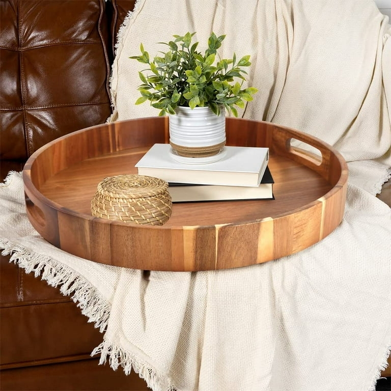 Large Round Wood Decorative Tray with Unique Scalloped Handles