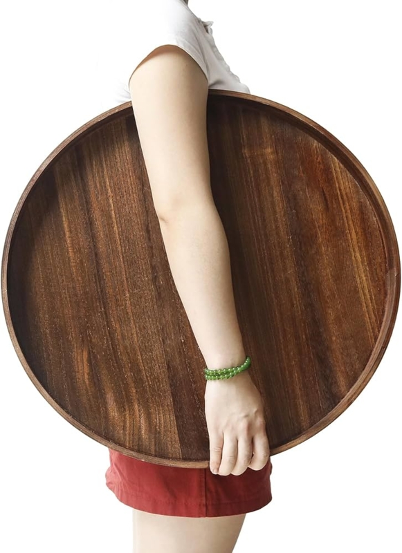 Large Round Wood Tray with Espresso Finish & Handles