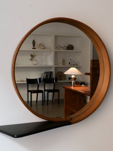 Large Round Wood Wall Mirror with Wide Frame for Scandinavian Modern Decor