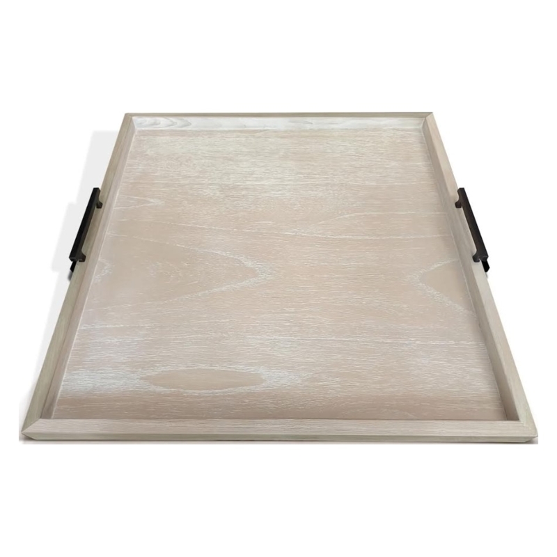 Large Square Blonde Wood Ottoman Tray with Cutout Handles