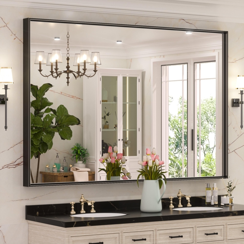Large Wall Mirror Rectangular Matte Black Metal Frame Farmhouse Decor