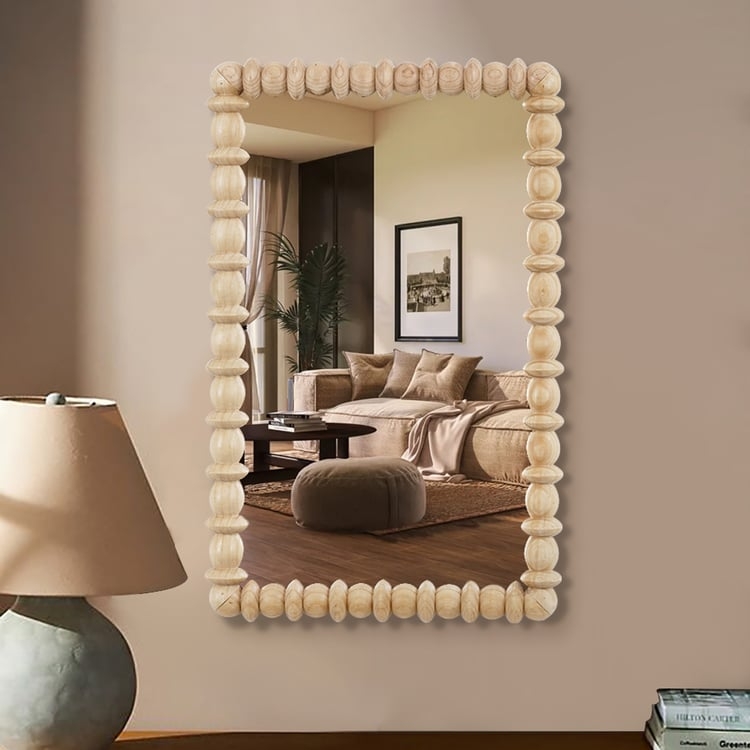 Large Wooden Bead Rectangular Wall Mirror with Natural Frame