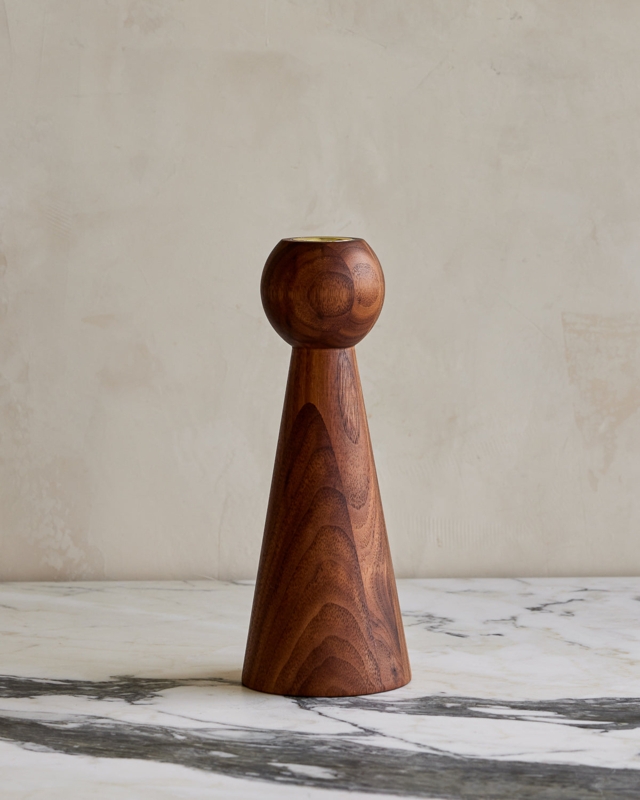 Lathe Turned Walnut Candle Holder, Tiered Base Wood Taper Candlestick