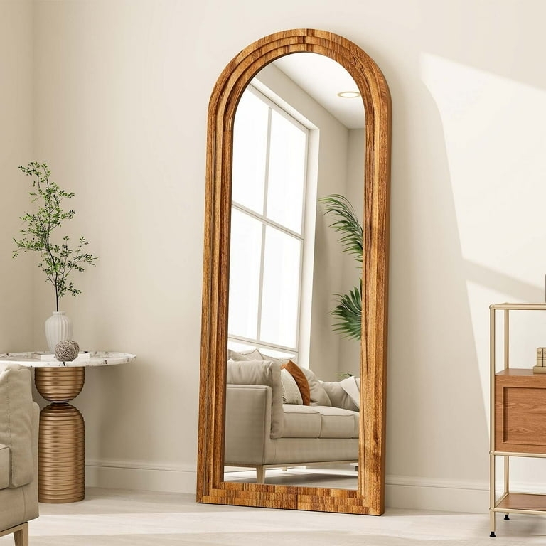 Leaning Full Length Mirror with Arched Top and Slim Wood Toned Frame