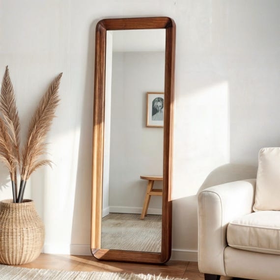 Leaning Full Length Mirror with Rounded Wood Corners