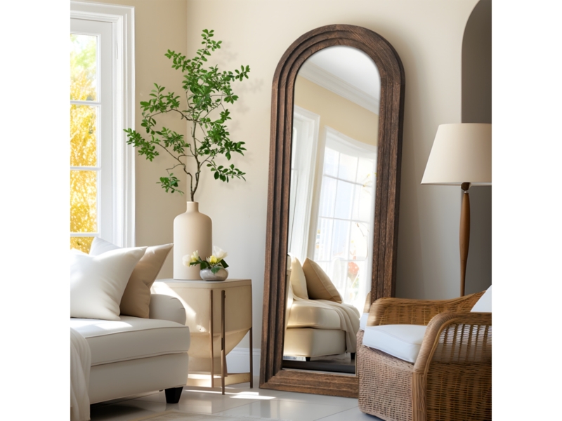Leaning Mirror with Classic Brown Wood Arched Frame Silhouette