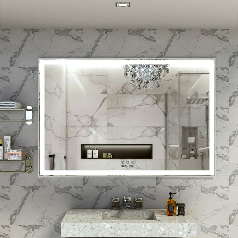 LED Wall Mirror Integrated Glow Slim Aluminum Frame Adjustable Color
