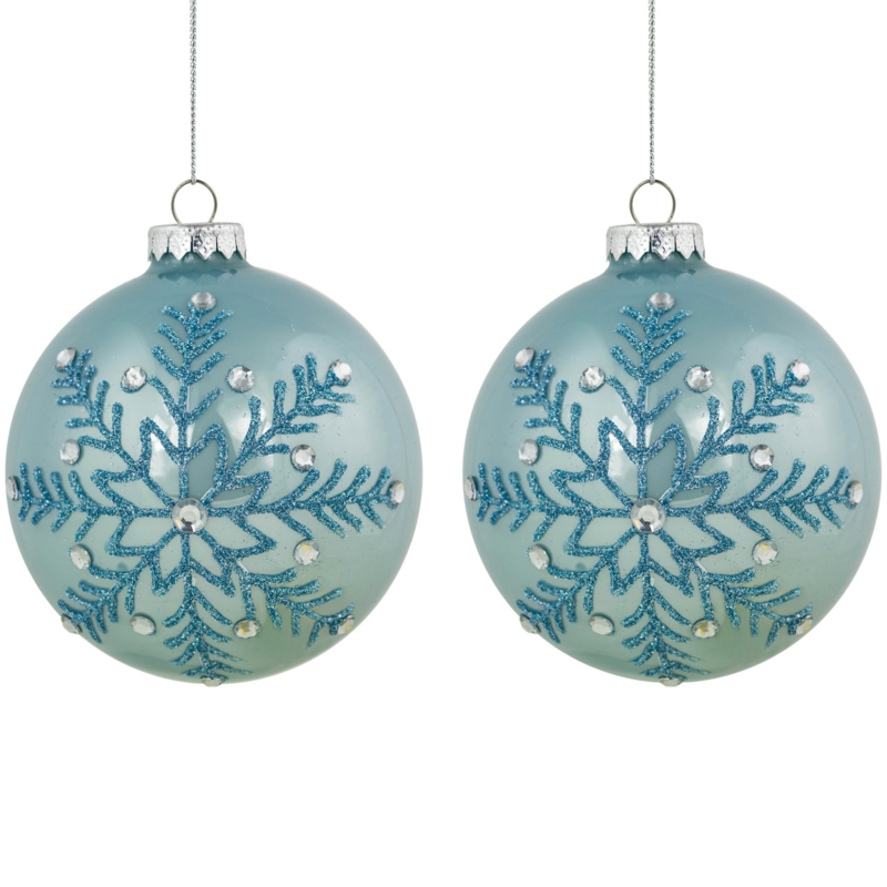 Light Blue Christmas Glass Ornaments Jeweled Snowflake Motif Glitter