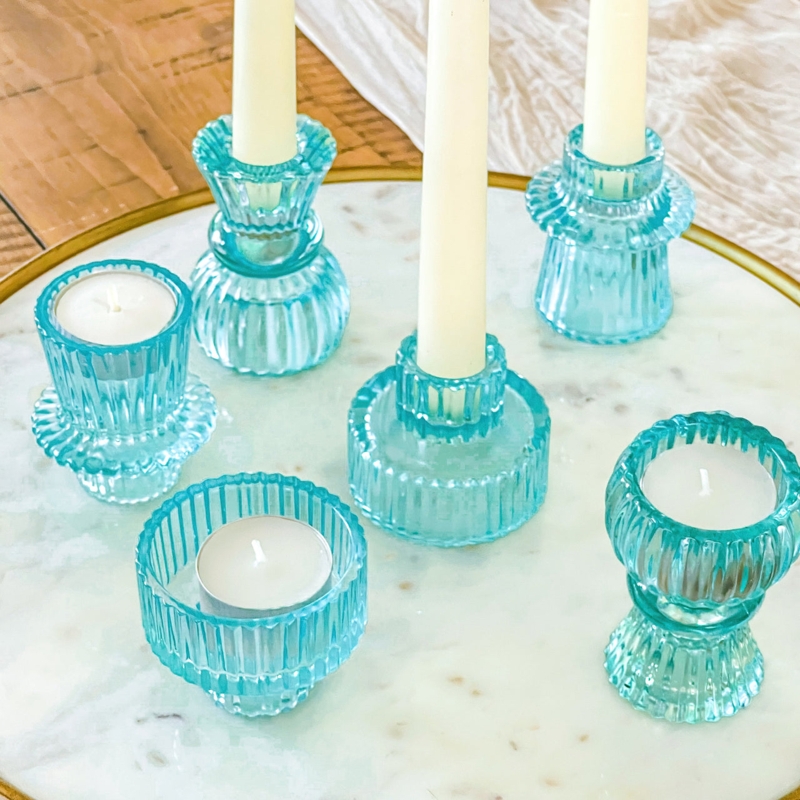Light Blue Ribbed Glass Candlestick Holders Vintage Assorted Set