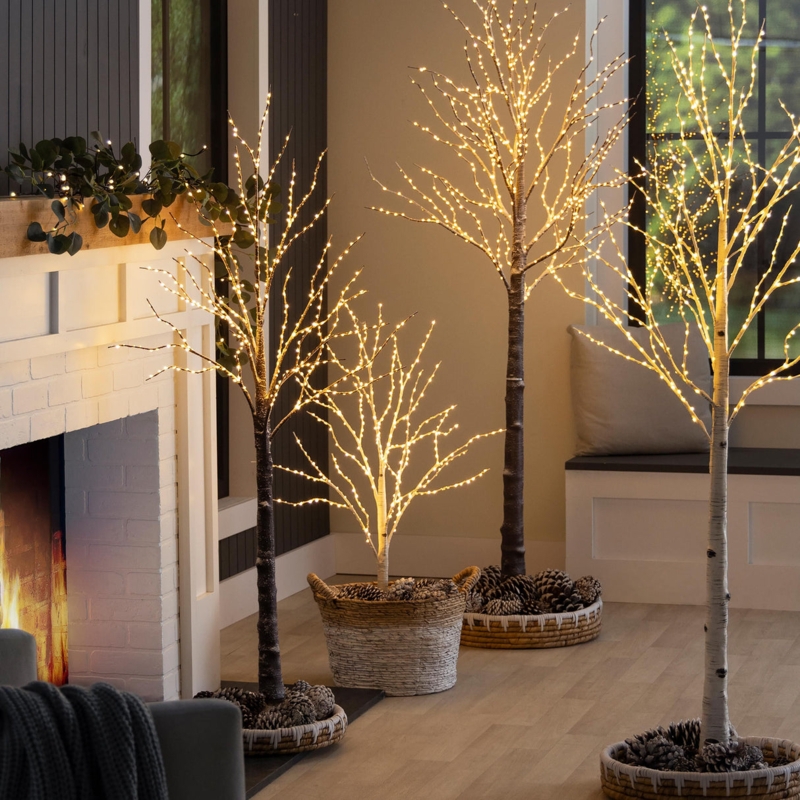 Lighted Artificial Tree, Birch Bark Wrap Texture, Slender Branches.