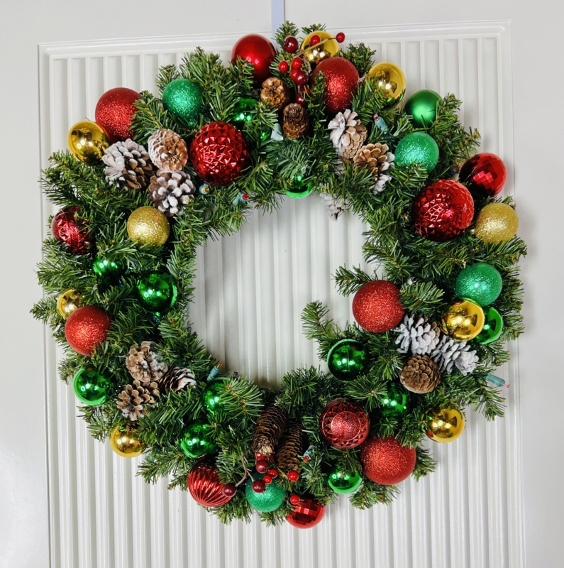 Lighted Christmas Ornament Wreath with Oversized Red Bow and LEDs