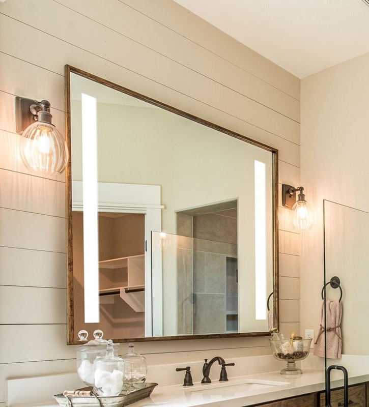 Lighted Mirror Circular Frosted Edge on Dark Fluted Wall