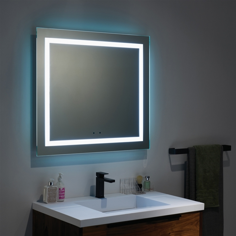 Lighted Mirror, Integrated LED Border, Double Vanity Scale. Modern Bathroom. (75 chars)