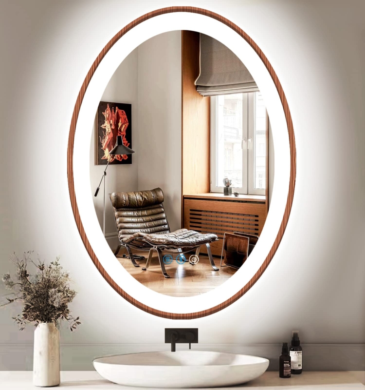 Lighted Mirror with Oval Shape, Integrated LED Halo, and Wood Frame