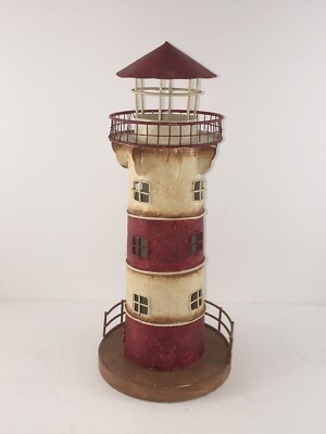 Lighthouse Candle Holder Red Lantern Top Tan Metal Nautical Decor