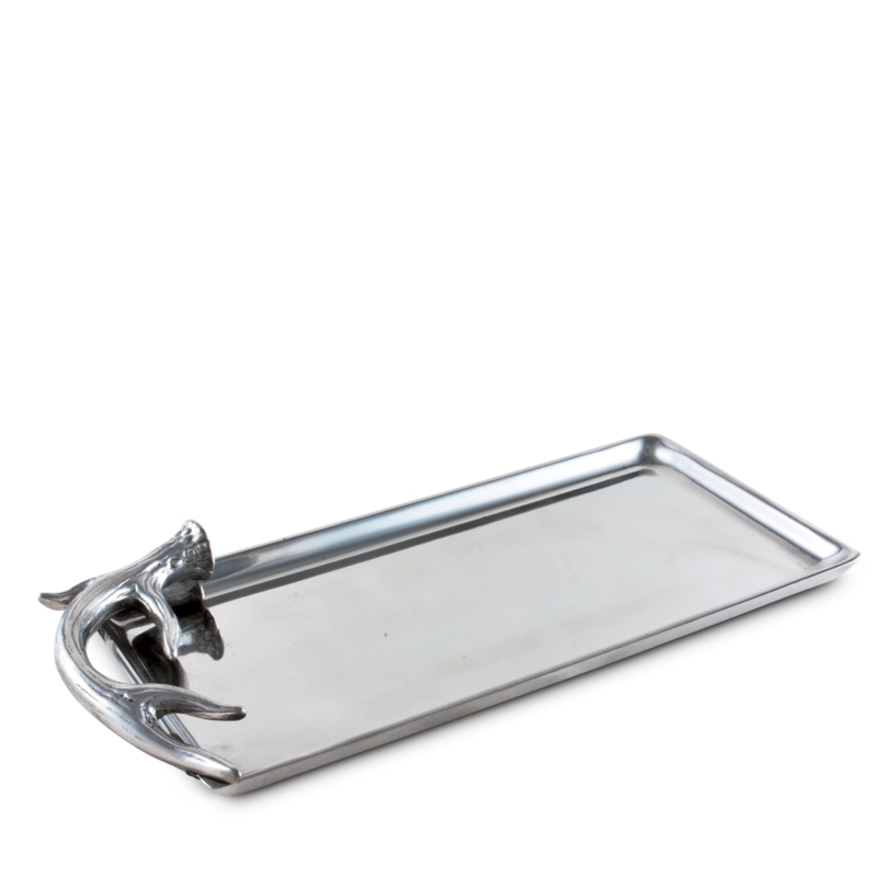 Lodge Style Serving Tray in Polished Metal with Antler Motif Handles
