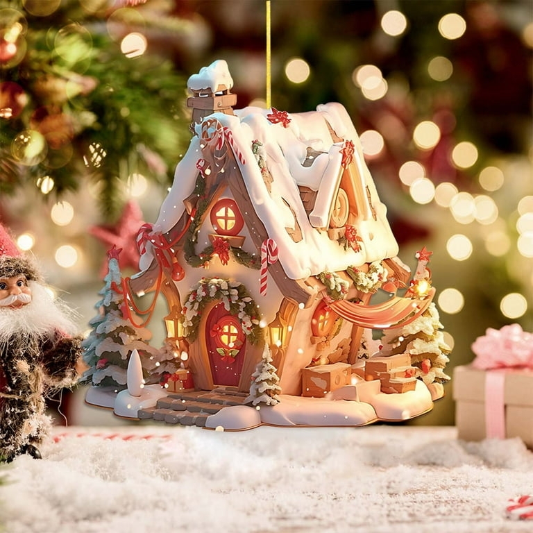 Log Cabin Ornament featuring Miniature Wreath and Snow Details