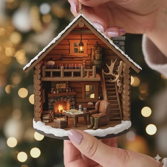 Log Cabin Ornament featuring Snow Dusted Roof and Traditional Finish